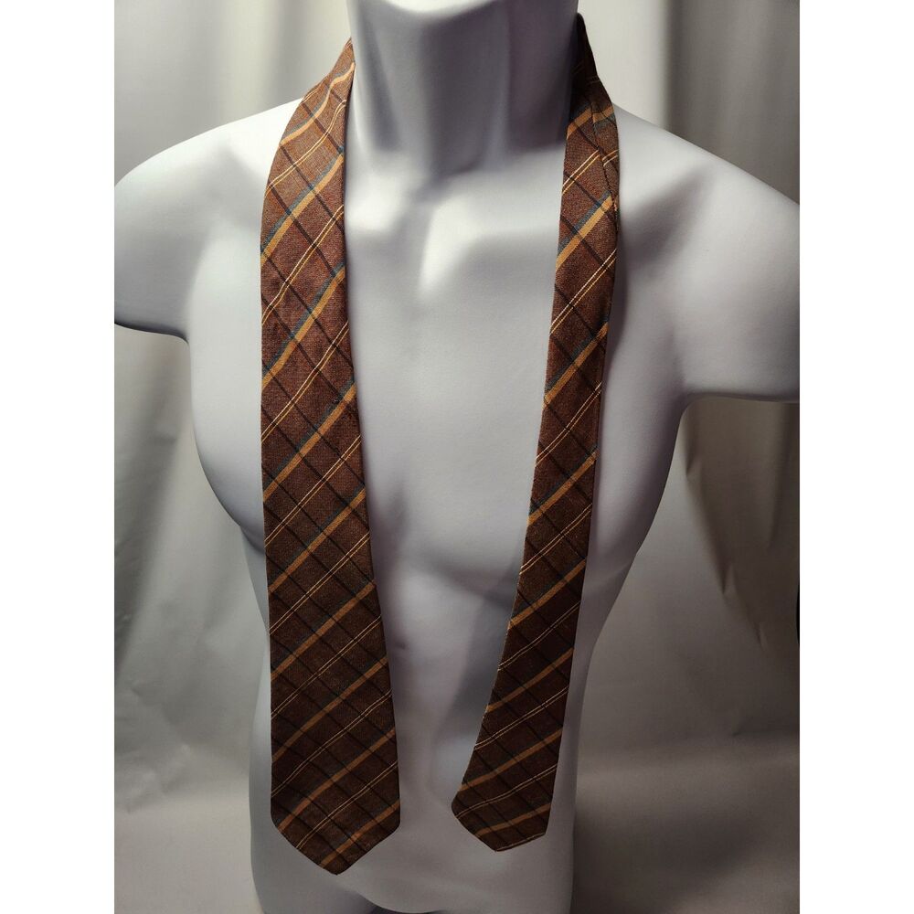 Vintage Brown Plaid Wool Lined Necktie Resilient Construction All Wool Lining